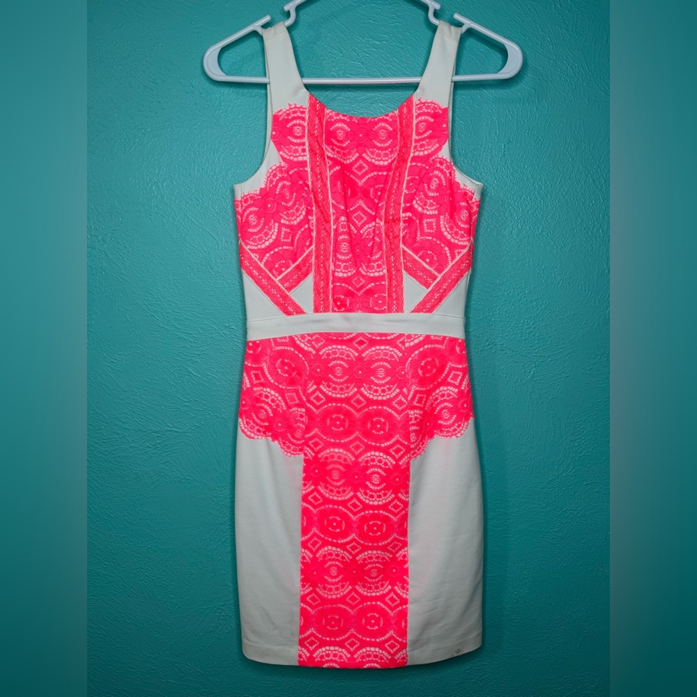 NEW Gianni Bini White Ivory Neon Watermelon Pink Lace Mini Summer Dress